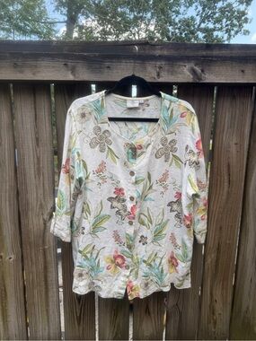 Hot Cotton Cream Floral Button-Down Shirt with Multicolor Botanical Print